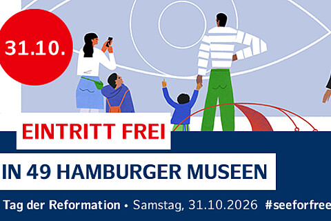 Banner für die Aktion #Seeforfree mit gezeichneten grafischenFiguren und der Info "Eintritt frei in 29 Hamburger Museen" 31. Oktober